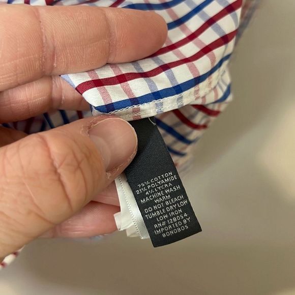 BONOBOS Men’s Slim Fit Dress Shirt 16 |35 Plaid Red Blue White Jetsetter Stretch - Picture 5 of 9